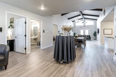 Bright interior of a common area with dining space