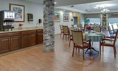 Interior view of a dining area with tables and decor