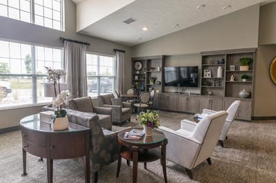 Bright common area with seating and decor