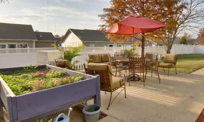 Outdoor patio with seating and plants