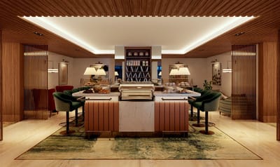 A stylish dining area with snack display and seating