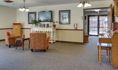 Bright common area with seating and decor