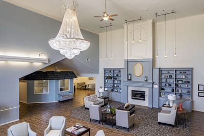 Interior view of a spacious common area with seating
