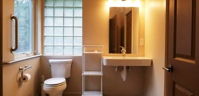 Modern bathroom with window and mirror