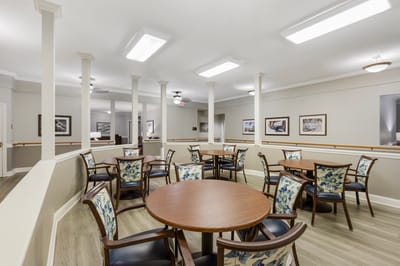Bright and spacious common area with seating