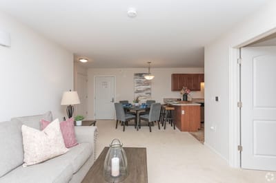 Cozy living room and dining area in a senior apartment