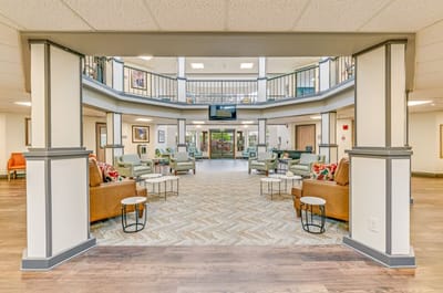 Common area of a senior living facility with seating