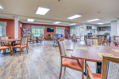 Common area with tables and activities set up