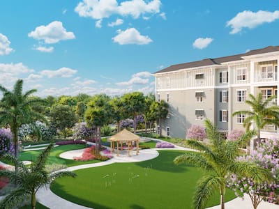 Outdoor space with gazebo and landscaped grounds