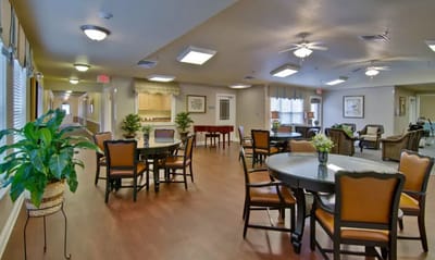 Interior view of a cozy common area with seating