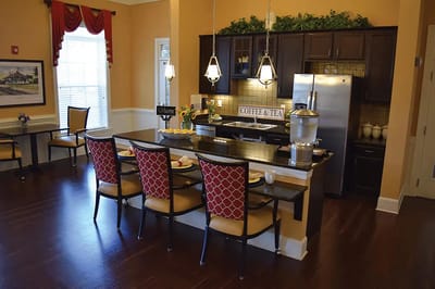 Interior view of a dining area with a coffee station