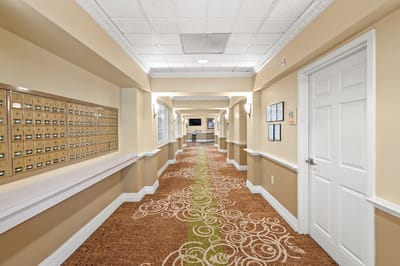 A well-lit hallway with carpet and mailboxes