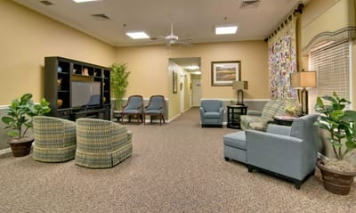 Bright common area with seating and decor