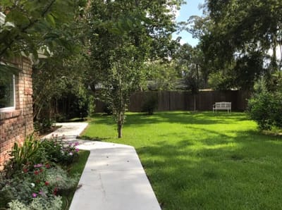 A serene garden area with a pathway and bench