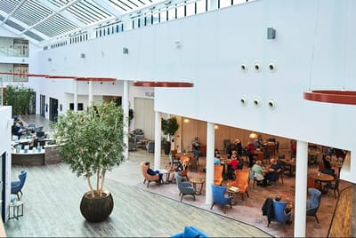 Residents socializing in a bright common area