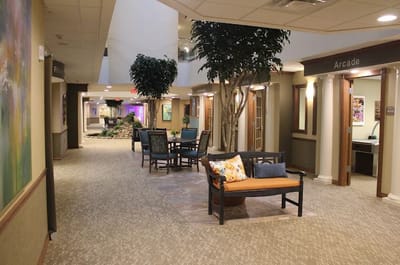 Interior view of a common area with seating and decor