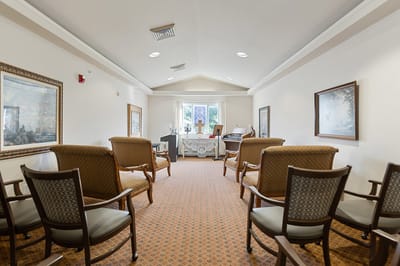 Interior view of a common area with seating
