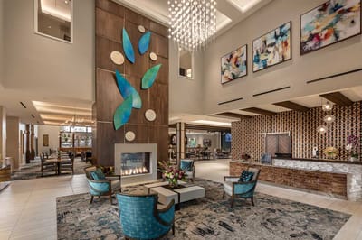 Modern interior lobby with seating and decor