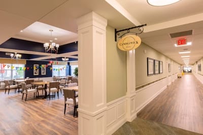 Interior view of a dining area with seating and decorations