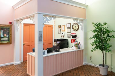 Reception area with desk and decor in a welcoming environment
