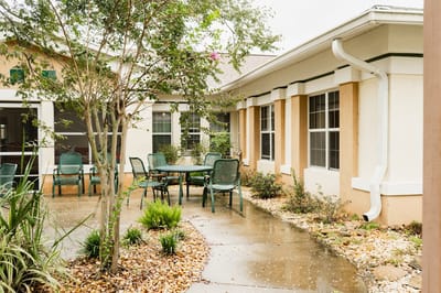Outdoor space with seating and landscaping