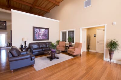 Bright common area with seating and decor
