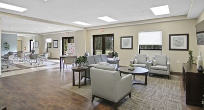 Bright and welcoming common area with seating