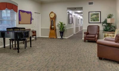 Bright interior common area with seating and decor
