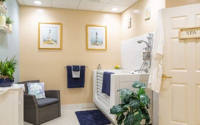A serene spa room with a bathing area and decor