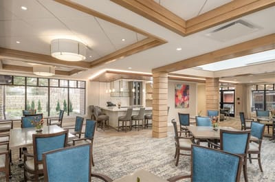 Bright common area with stylish seating and decor