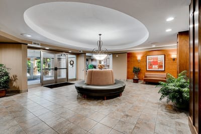 A warm and inviting lobby area with seating