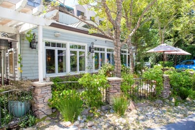 Exterior view of a sunny outdoor space with greenery