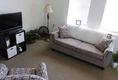 Cozy living room with a sofa and television