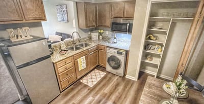 Modern kitchen interior with appliances and decor