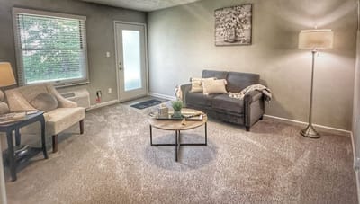 Cozy living area with a couch and lamp