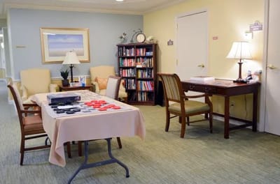 Interior view of a common area with seating and tables
