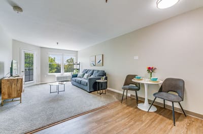 Bright and cozy senior living room with a sofa and dining table