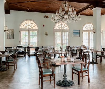 Dining room with elegant decor and natural light