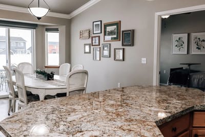 Interior view of a common area with a dining table