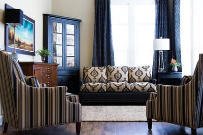 A comfortable lounge area with patterned seating