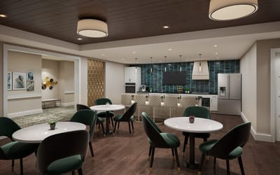 Interior view of a modern common area with seating