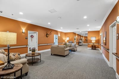 Bright common area with comfortable seating and decor