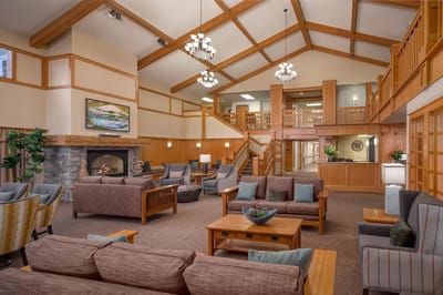 Cozy common area with seating and fireplace