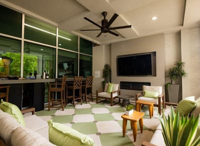 Interior lounge area with comfortable seating and plants