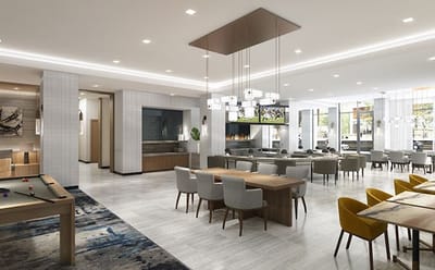 Modern interior common area with seating and dining space