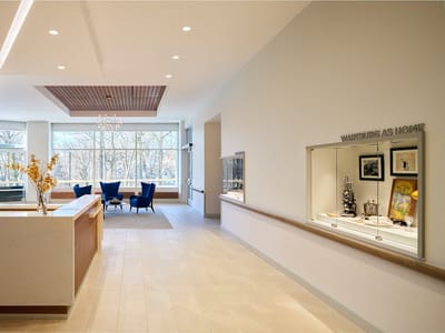 Modern interior lobby with seating and artwork