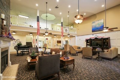 Common area with seating and decorations for an event