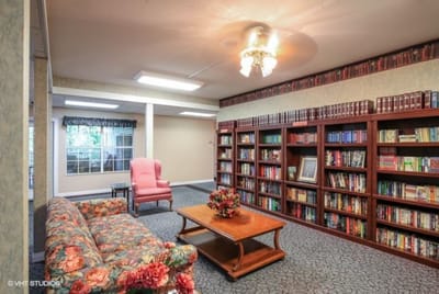 Cozy interior of a library area with bookshelves
