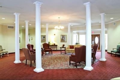 Interior common area with seating and decorative elements