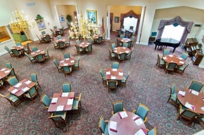 Aerial view of a dining area with tables and chairs